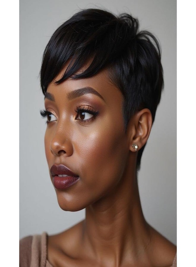 MOONSHOW Short Wigs for Black Women Pixie Cut Wig Black Short Hair Pixie Wigs for Black Women Straight Bowl Cut Wig Black Pixie Wigs With Bangs Short Curly Wigs - Image 1